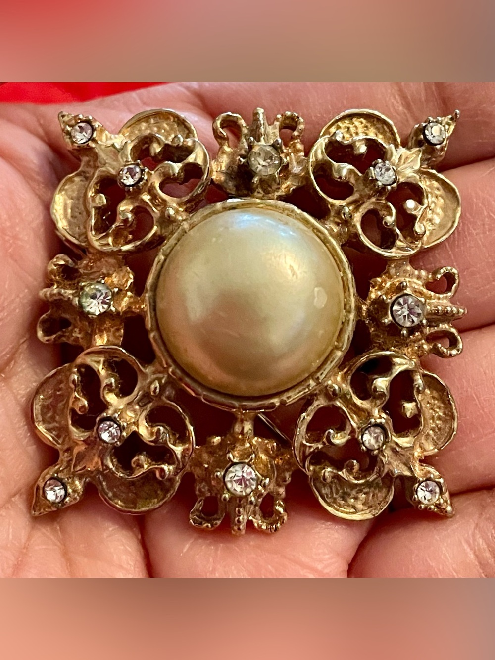 Gold-Tone Faux Pearl Filigree Brooch with Clear Crystals